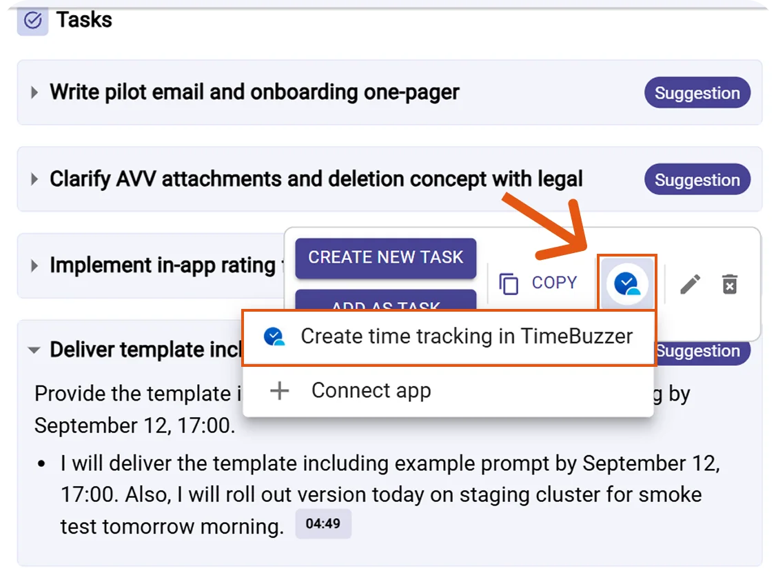 timeBuzzer action menu with Create time tracking