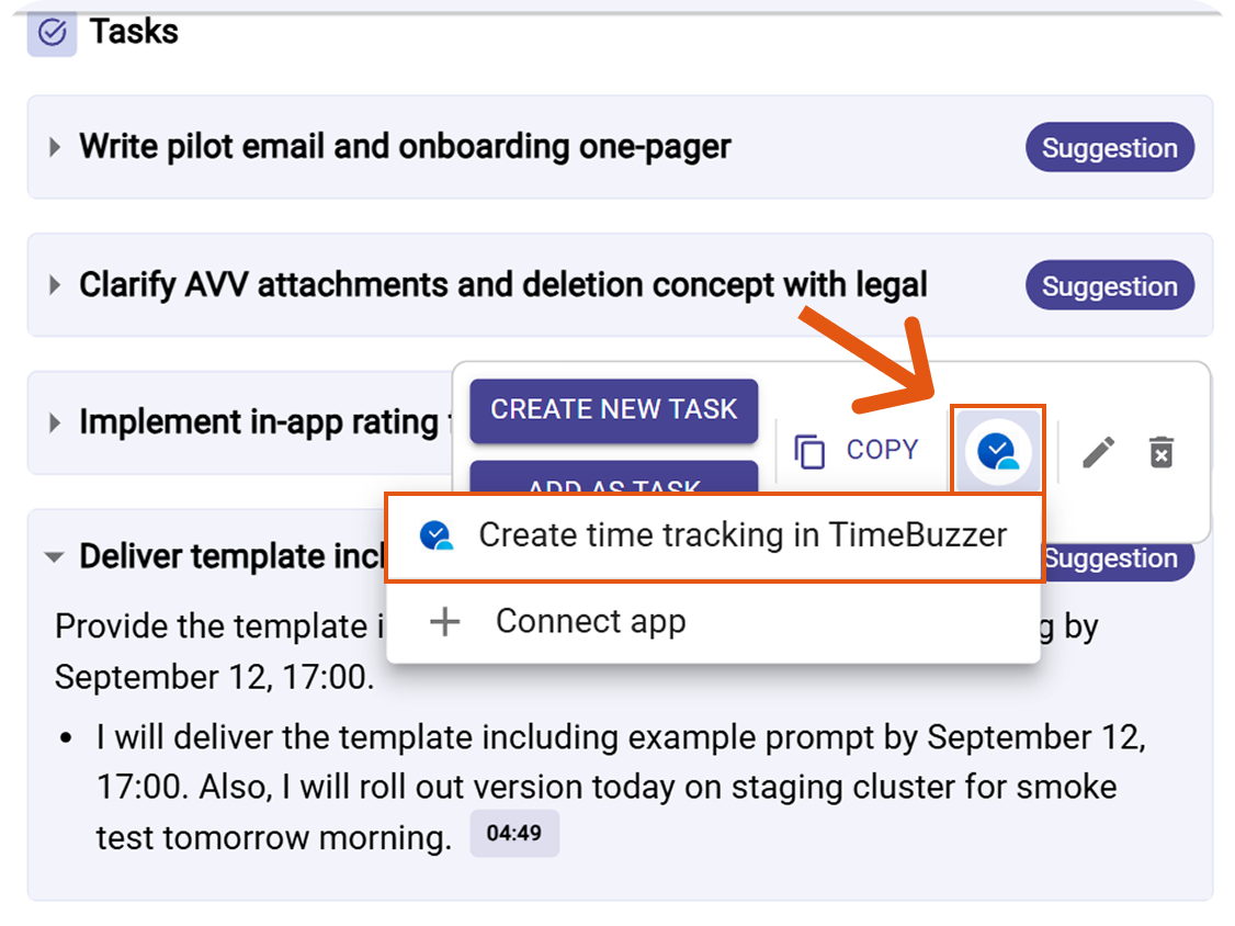 timeBuzzer action menu with Create time tracking
