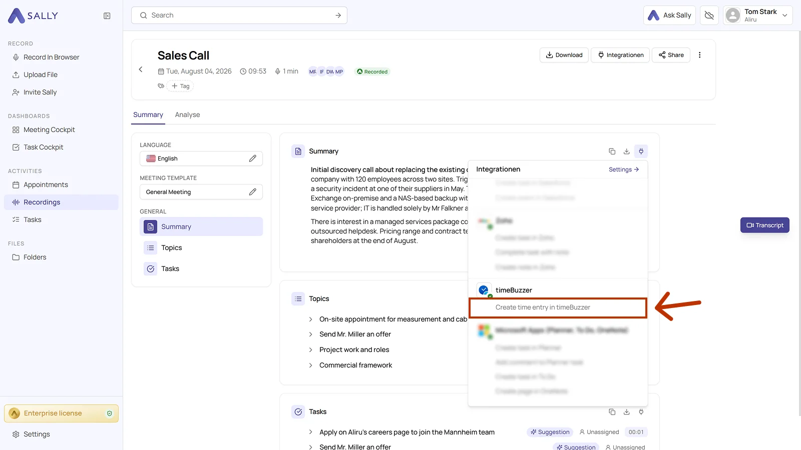 Recording with the list of integrations open and the timeBuzzer action highlighted