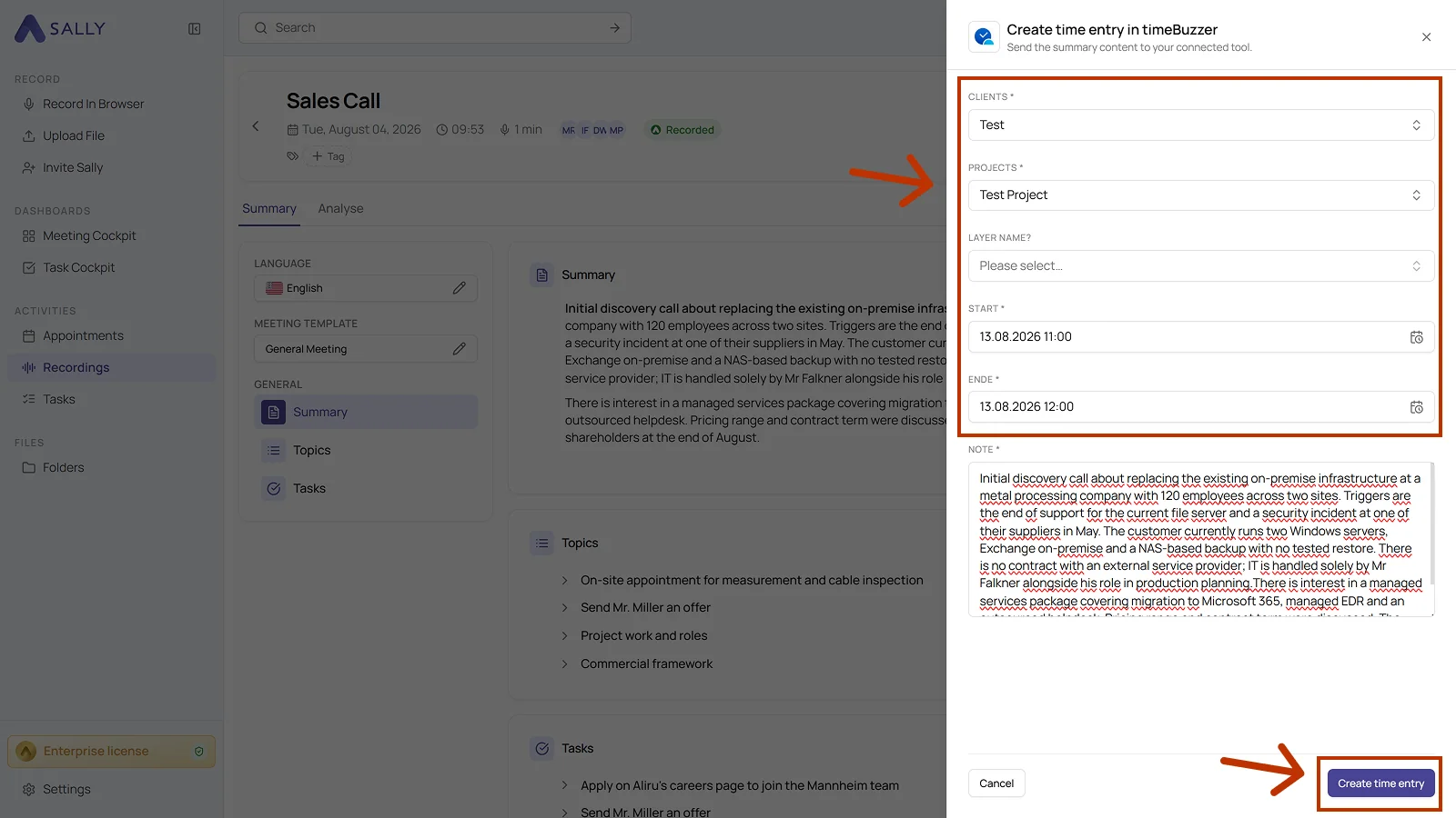 Create time entry in timeBuzzer dialog with Clients, Projects, Layer Name, Start, Ende and Note
