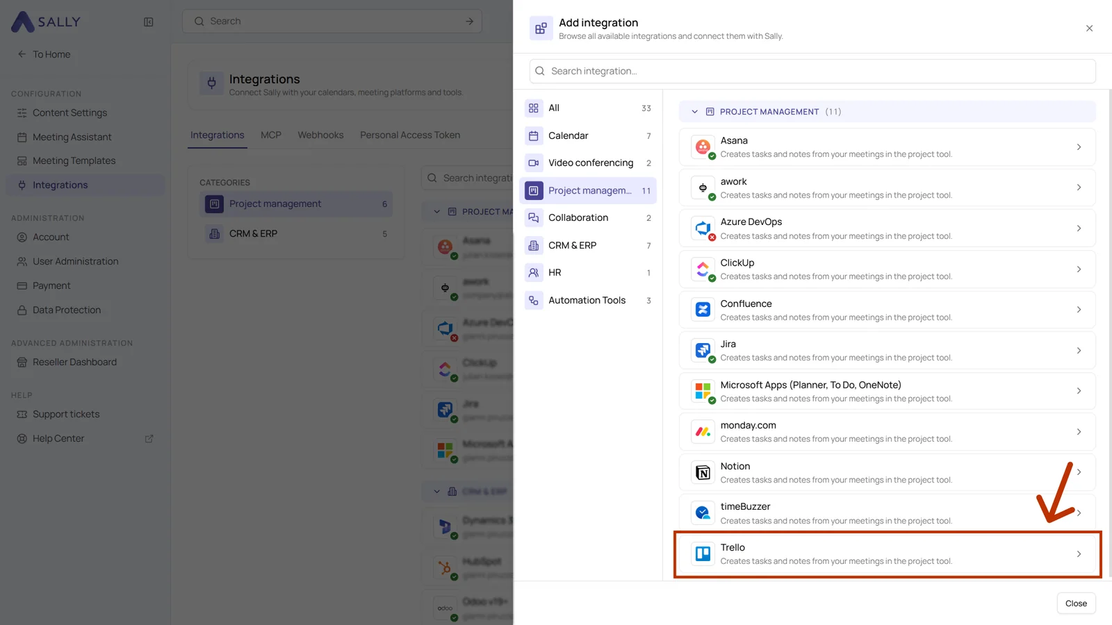 Add integration dialog with the Project management category and the Trello entry highlighted