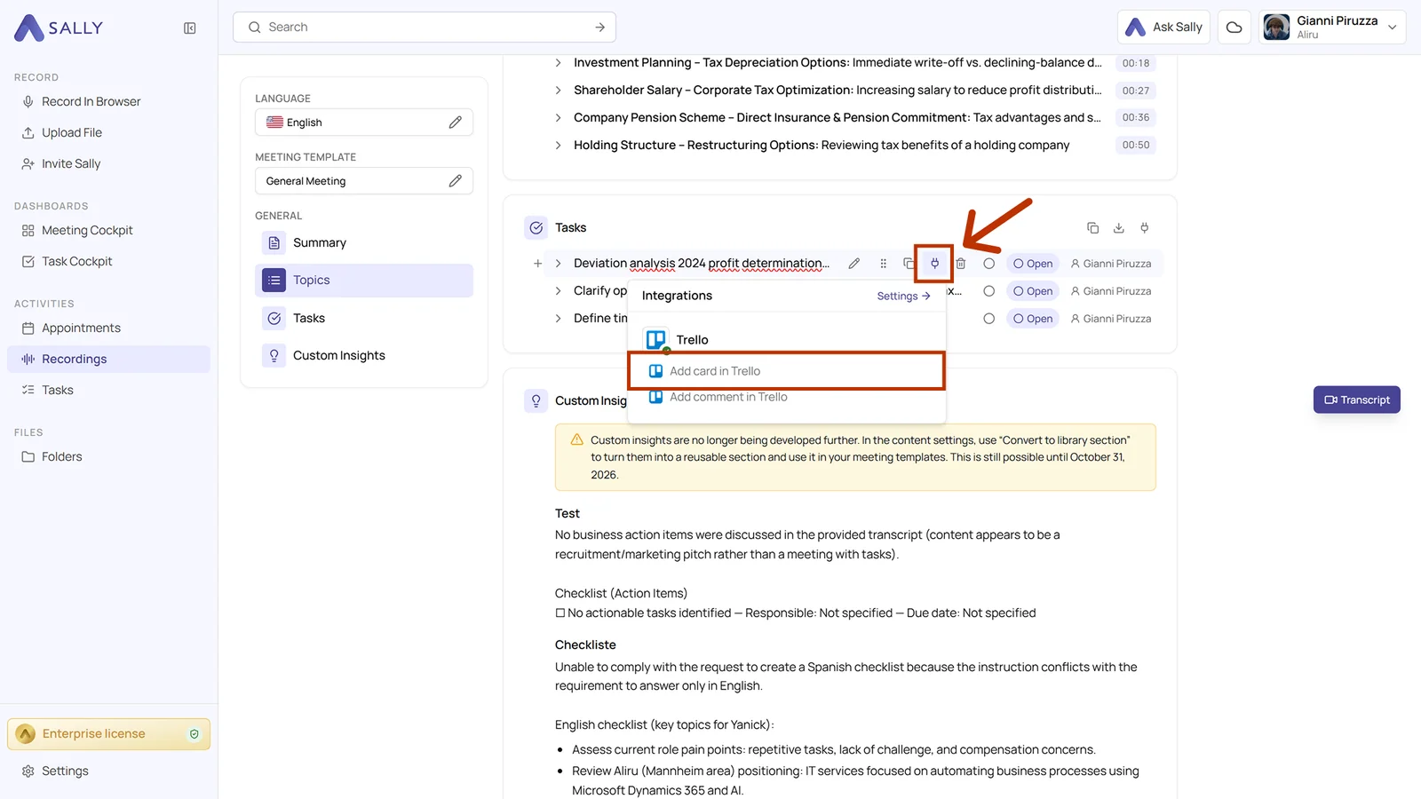 Recording in Sally with the Integrations menu open and the Add card in Trello action highlighted