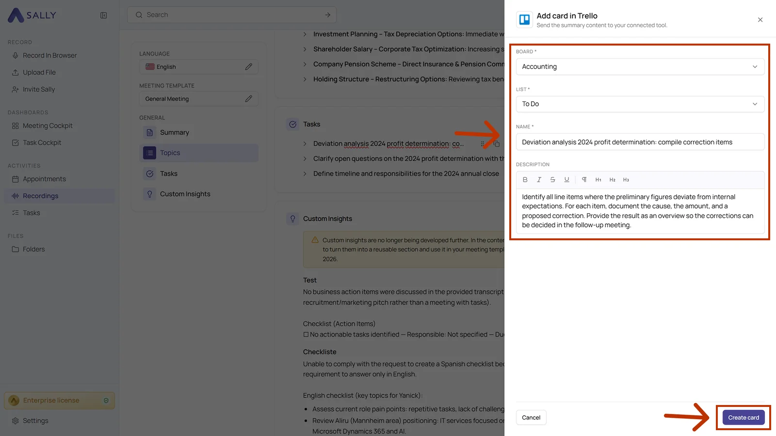 Add card in Trello panel with board, list, name and the prefilled description