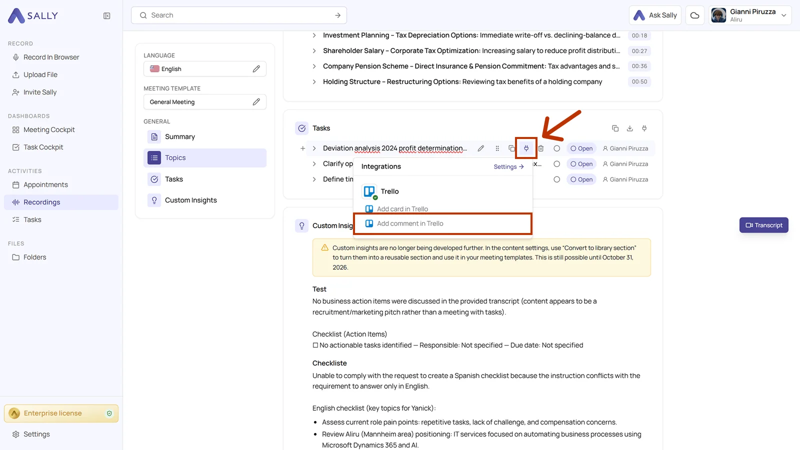 Recording in Sally with the Integrations menu open and the Add comment in Trello action highlighted