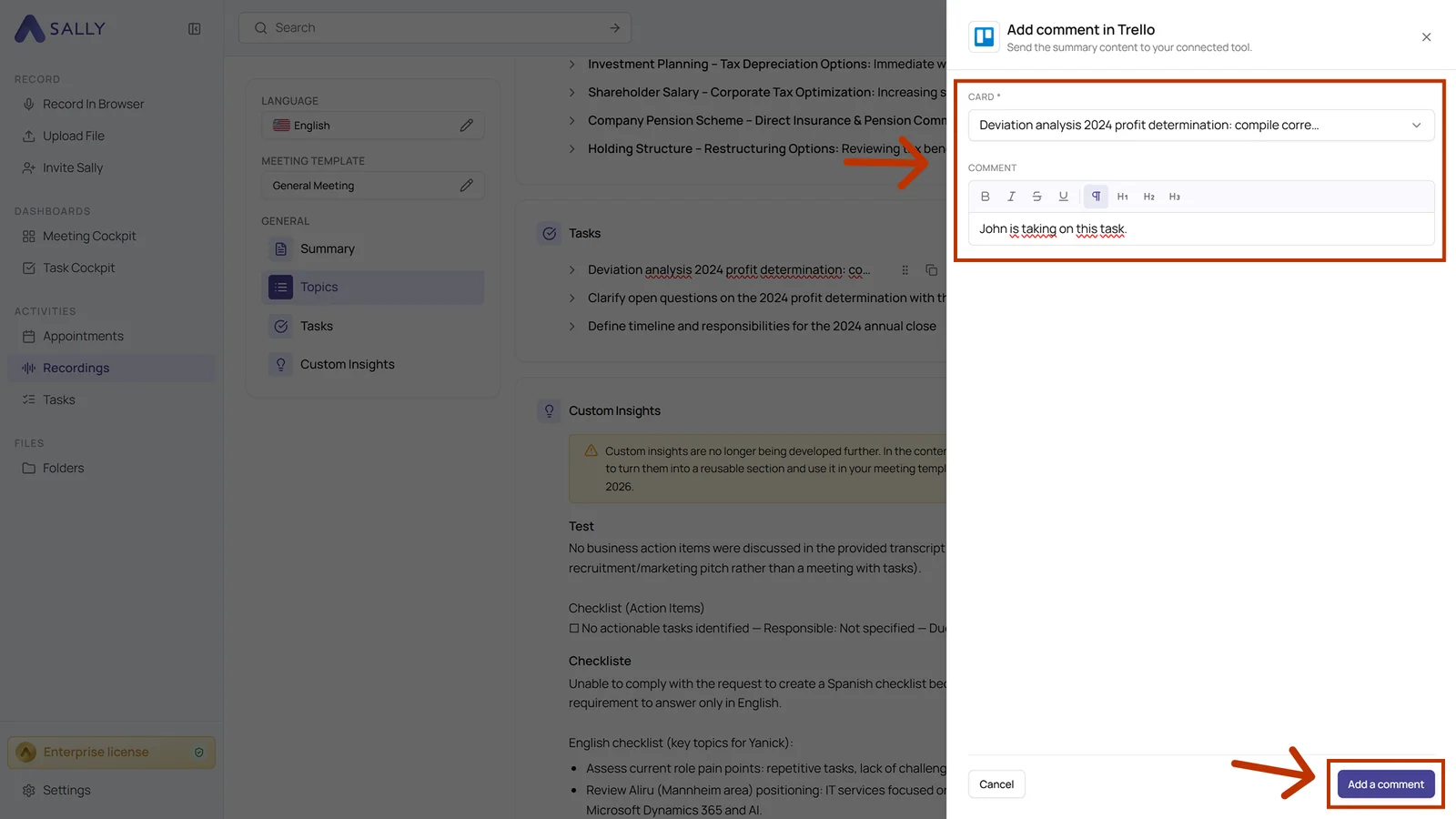 Add comment in Trello panel with the card selection and the prefilled comment