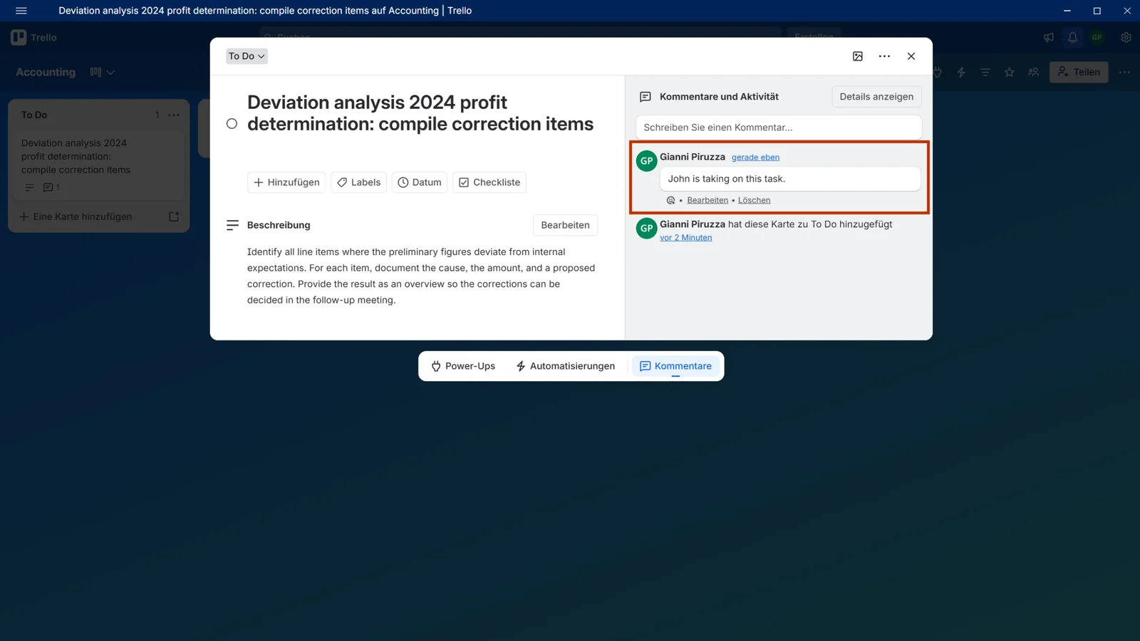 Comment from Sally in the comments and activity section of a Trello card