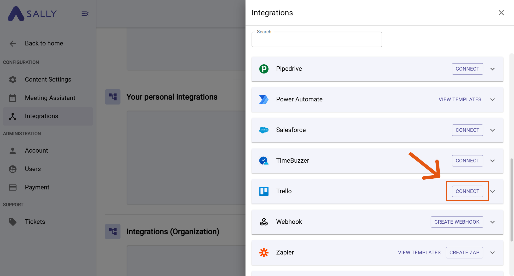 Trello in the integration picker with Connect button