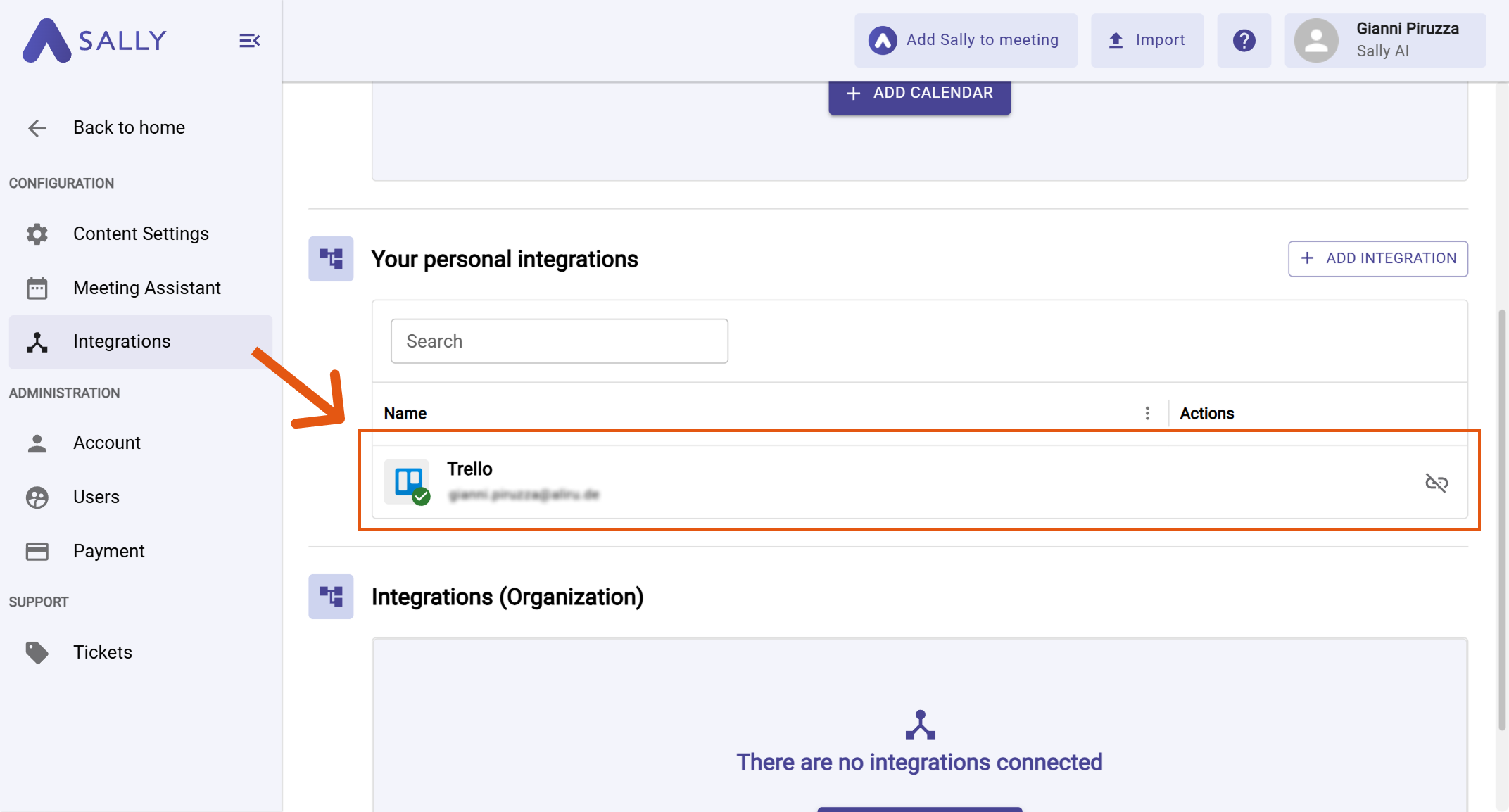 Trello listed under Your personal integrations
