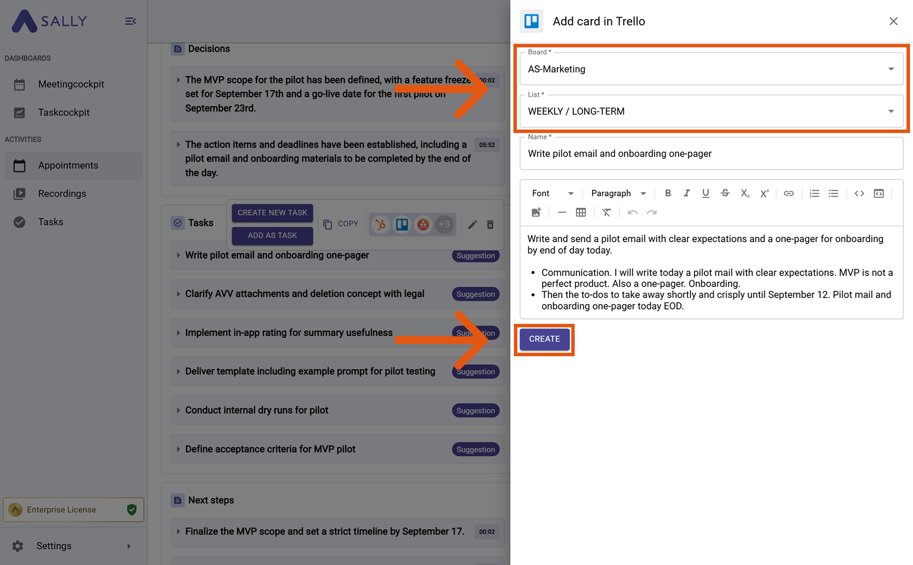 Add card in Trello modal with Board, List and Name