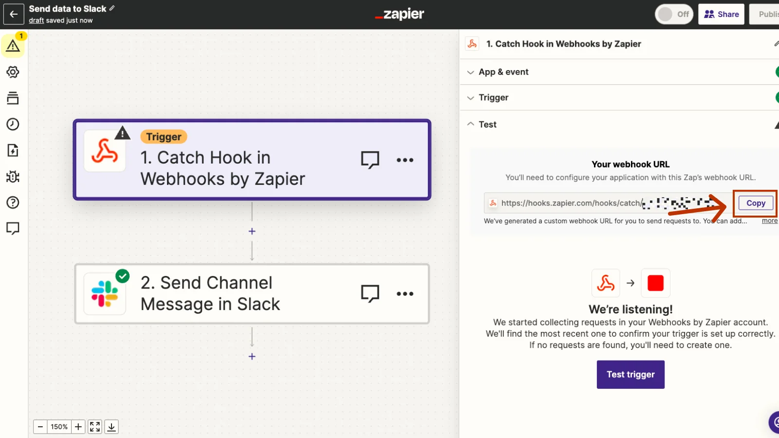 Zap in Zapier with the Catch Hook trigger and the Copy button next to the webhook URL highlighted
