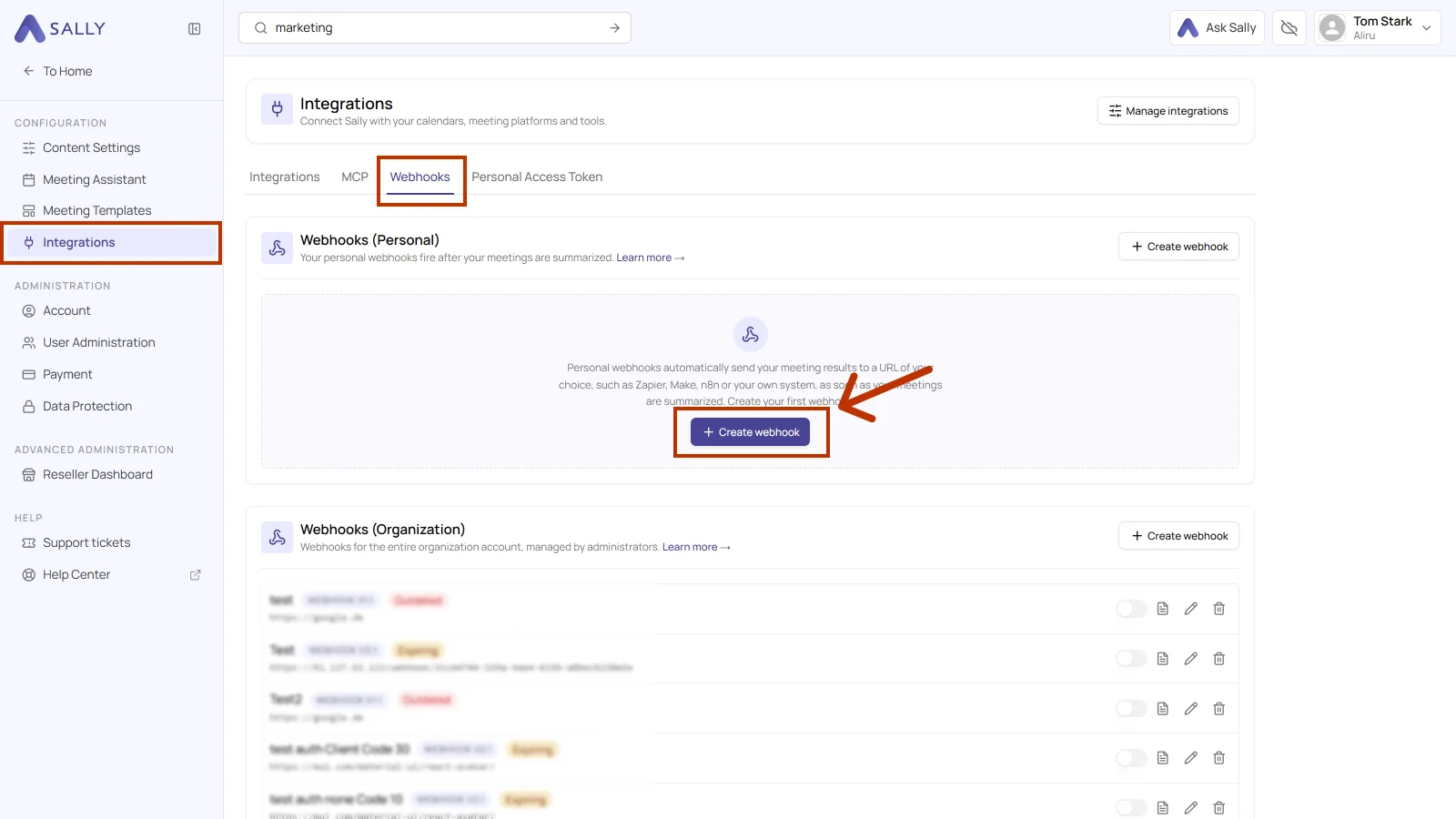 Webhooks tab in the integrations with the Create webhook button highlighted