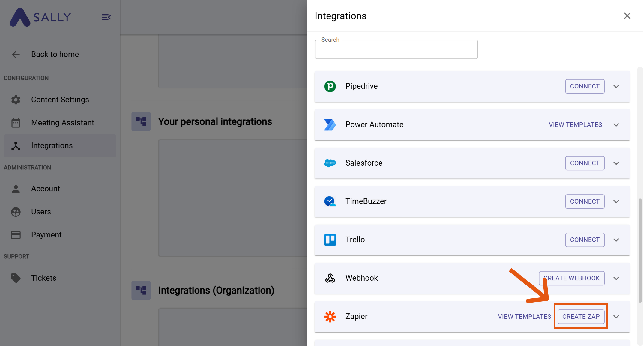 Zapier option in Sally with Create Zap highlighted