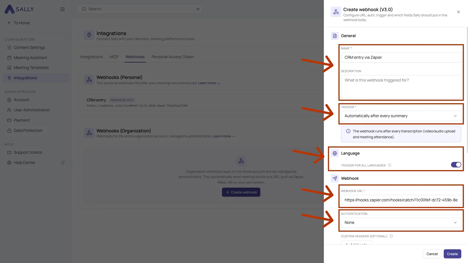Create webhook dialog with name, description, trigger, language, webhook URL and authentication