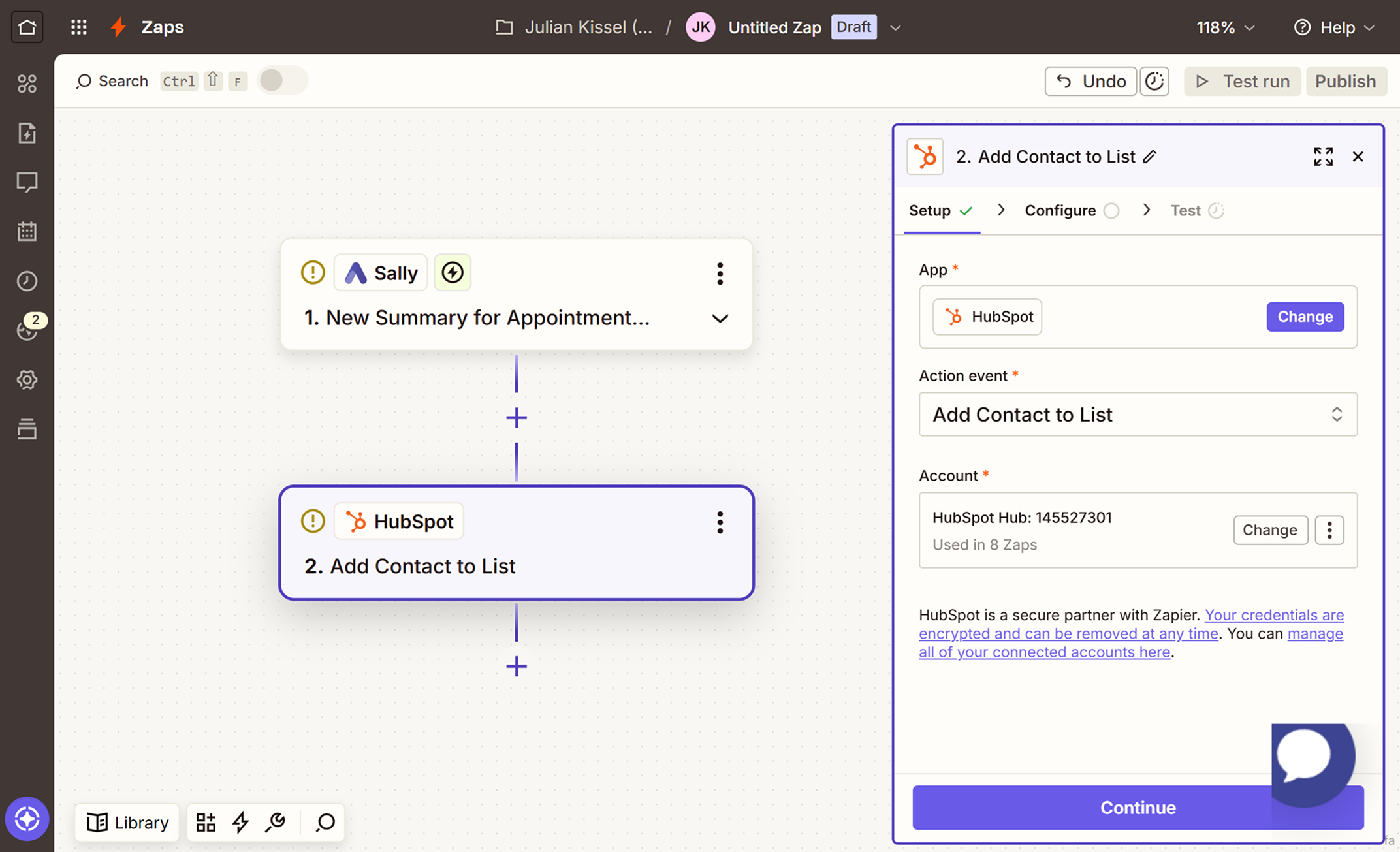 Zapier workflow builder with Sally trigger and HubSpot action