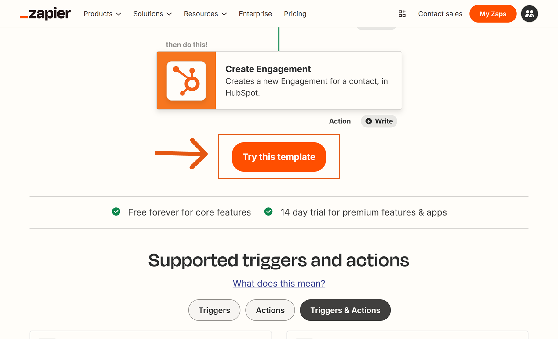 Zapier interface with Try this template button highlighted