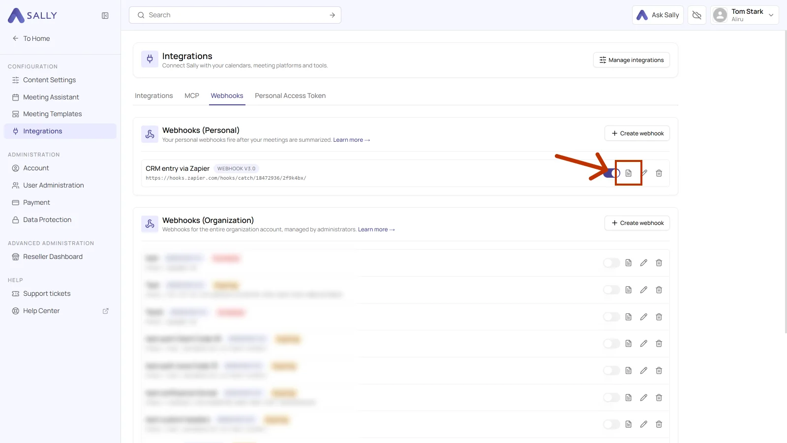 List of personal webhooks with the document icon for the logs highlighted