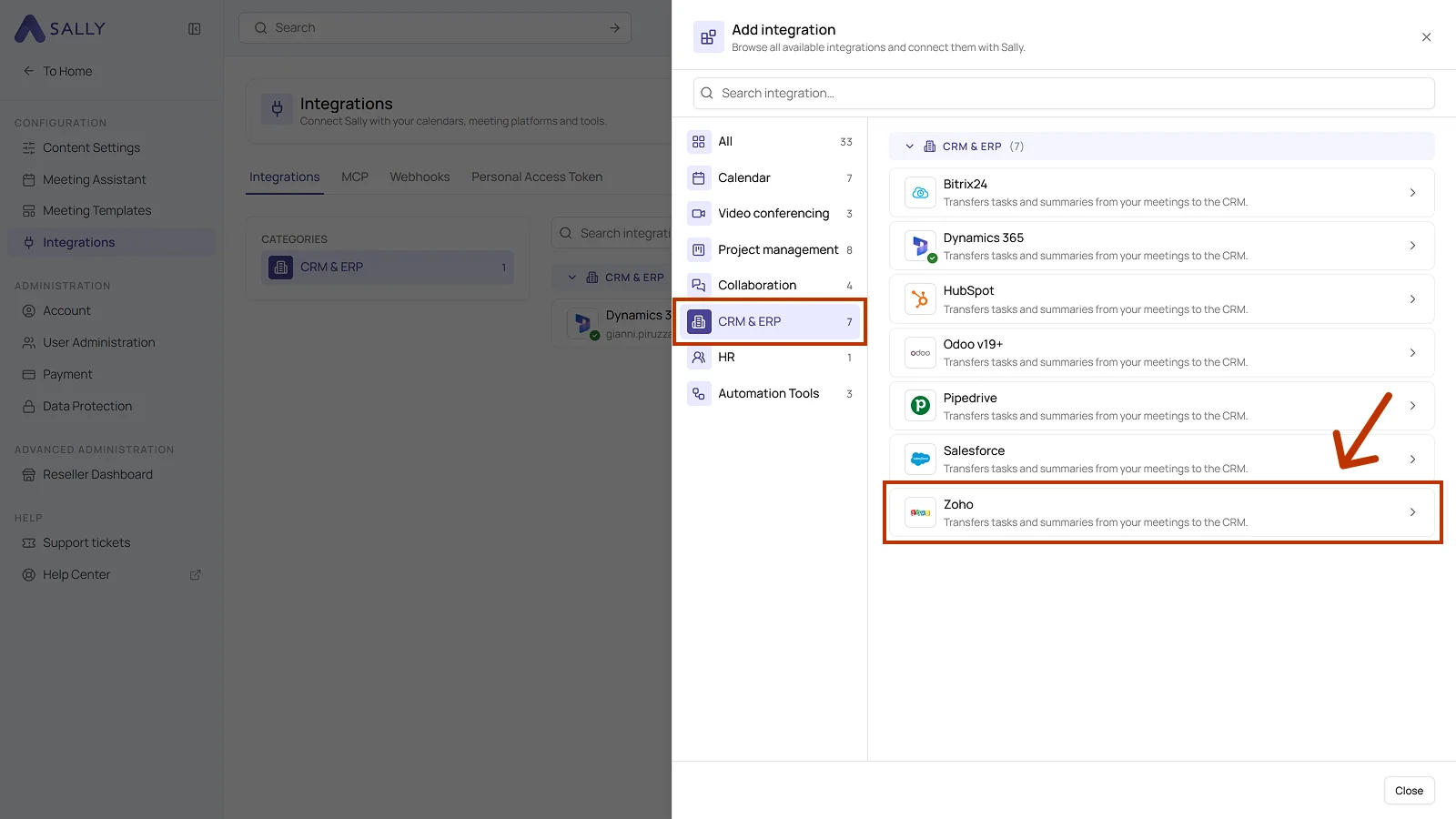 List of integrations with the CRM and ERP category and the Zoho entry highlighted