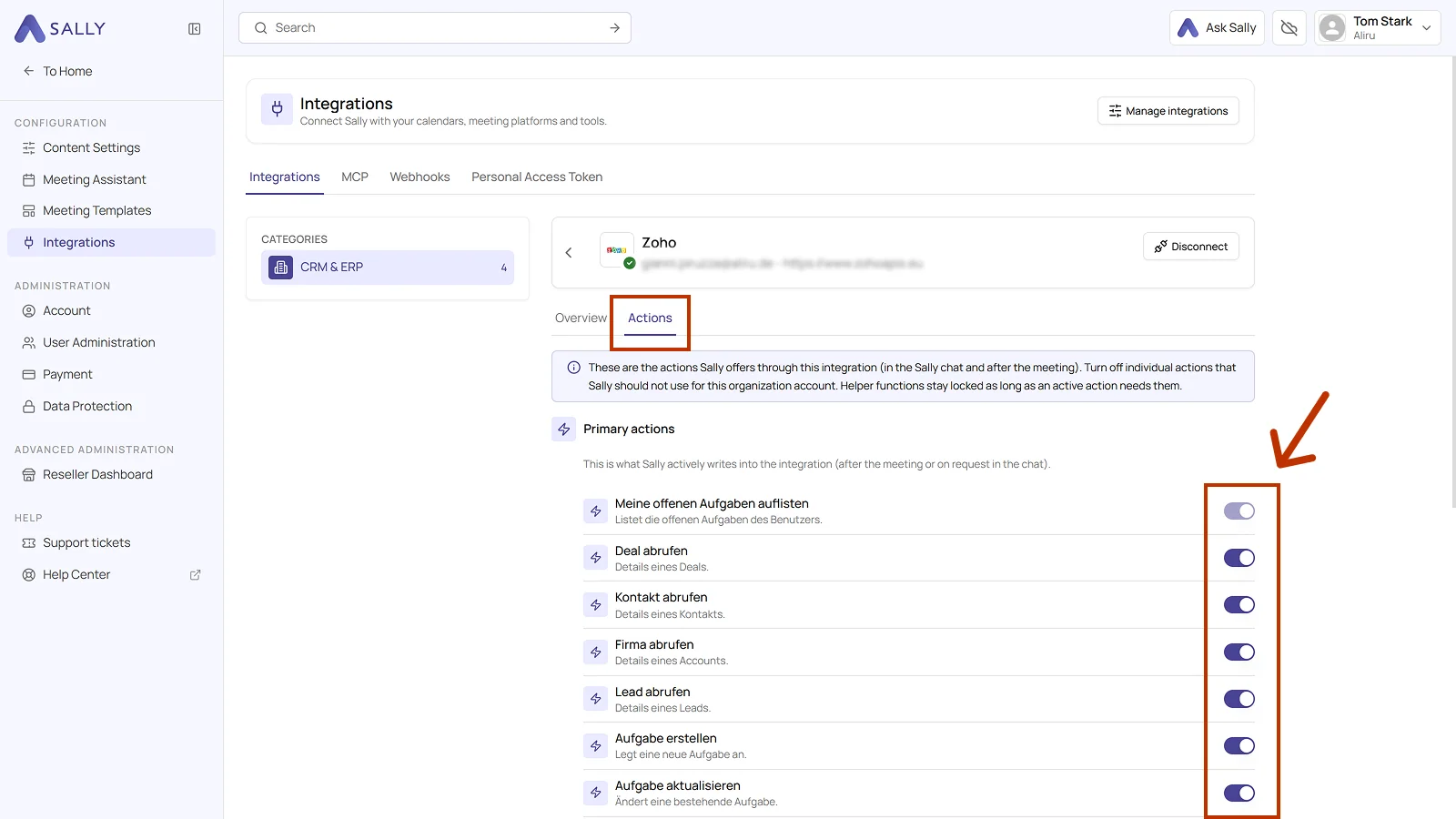 Actions tab of the connected Zoho integration with the toggles of the primary actions