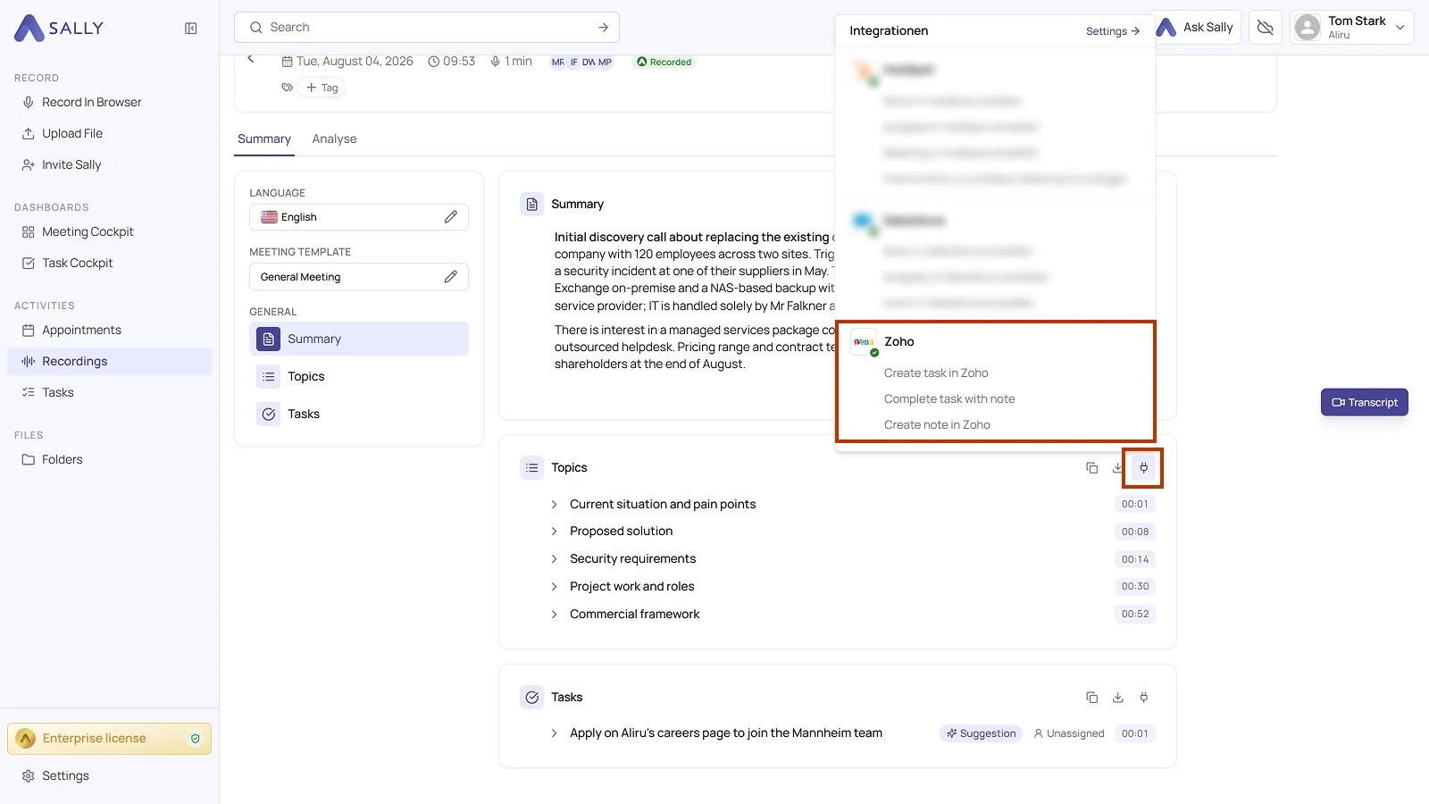 Recording in Sally with the Integrations menu open and the three Zoho actions