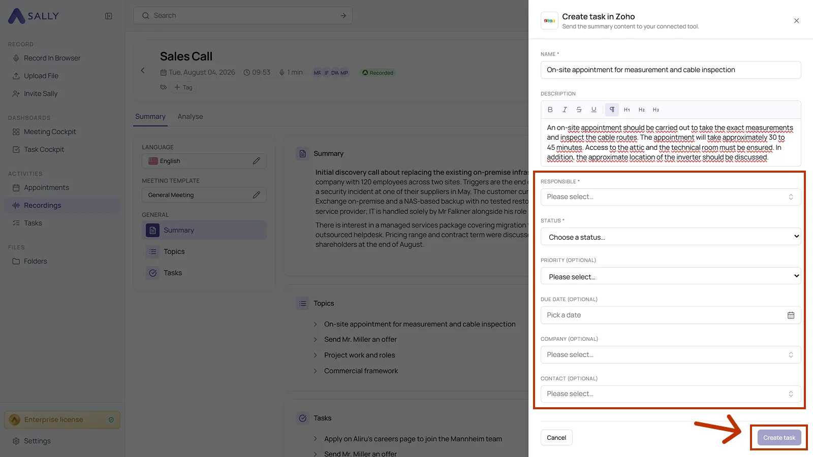 Create task in Zoho panel with name, description, responsible, status, priority, due date, company and contact