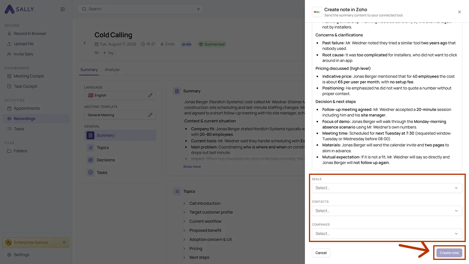 Create note in Zoho panel with the prefilled content and the fields for deals, contacts and companies
