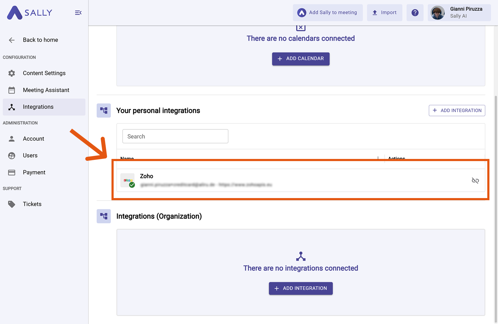 Zoho listed under Your personal integrations