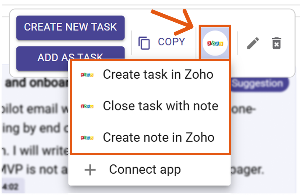 Zoho action menu with Create task, Close task with note, Create note
