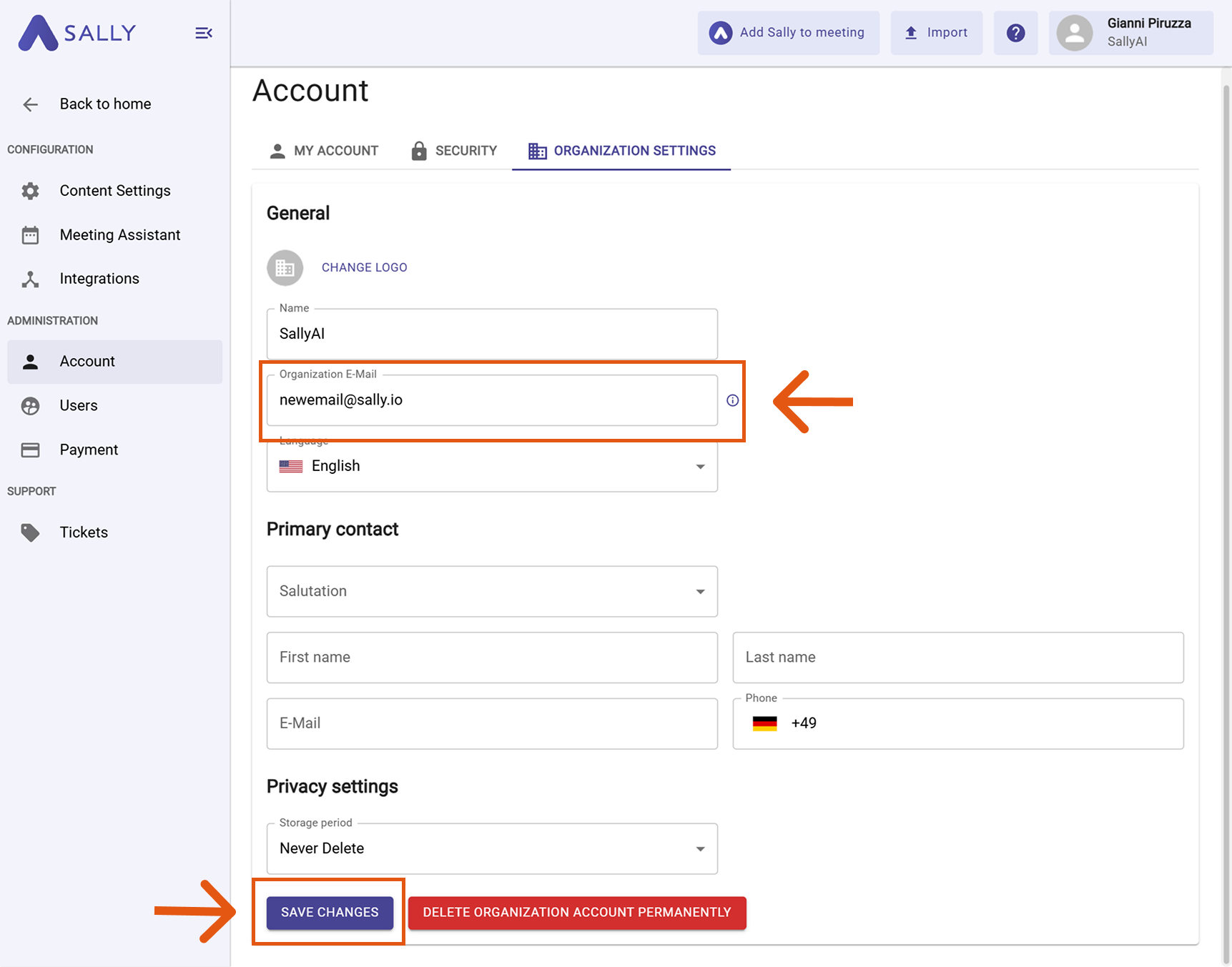 Payment settings in Sally with Change email link highlighted