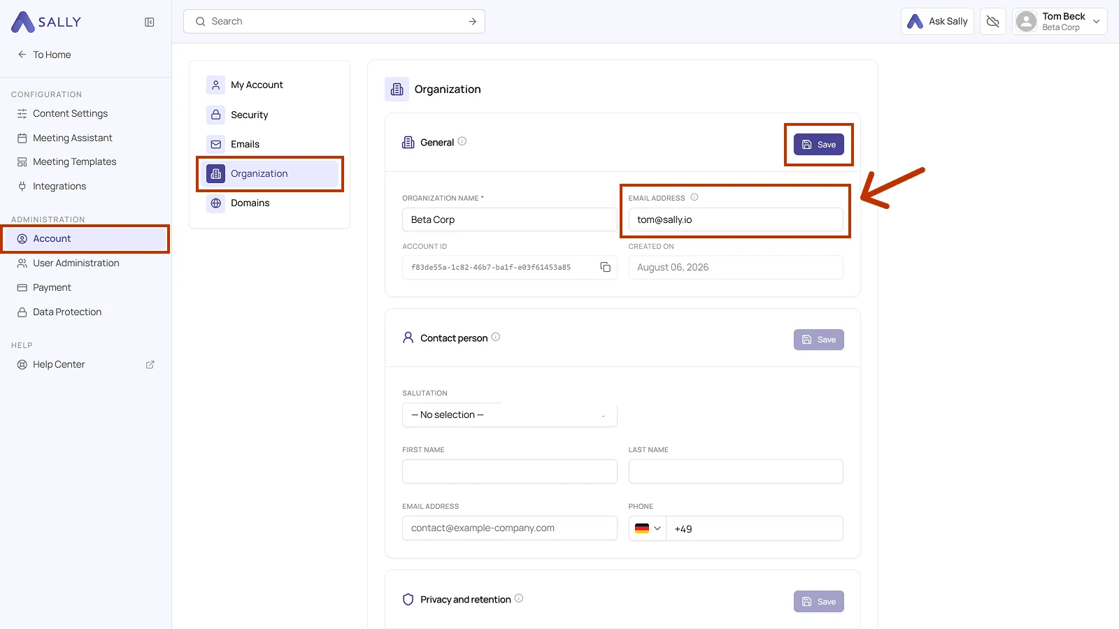 Organization area in the settings with the Email address field highlighted and the Save button