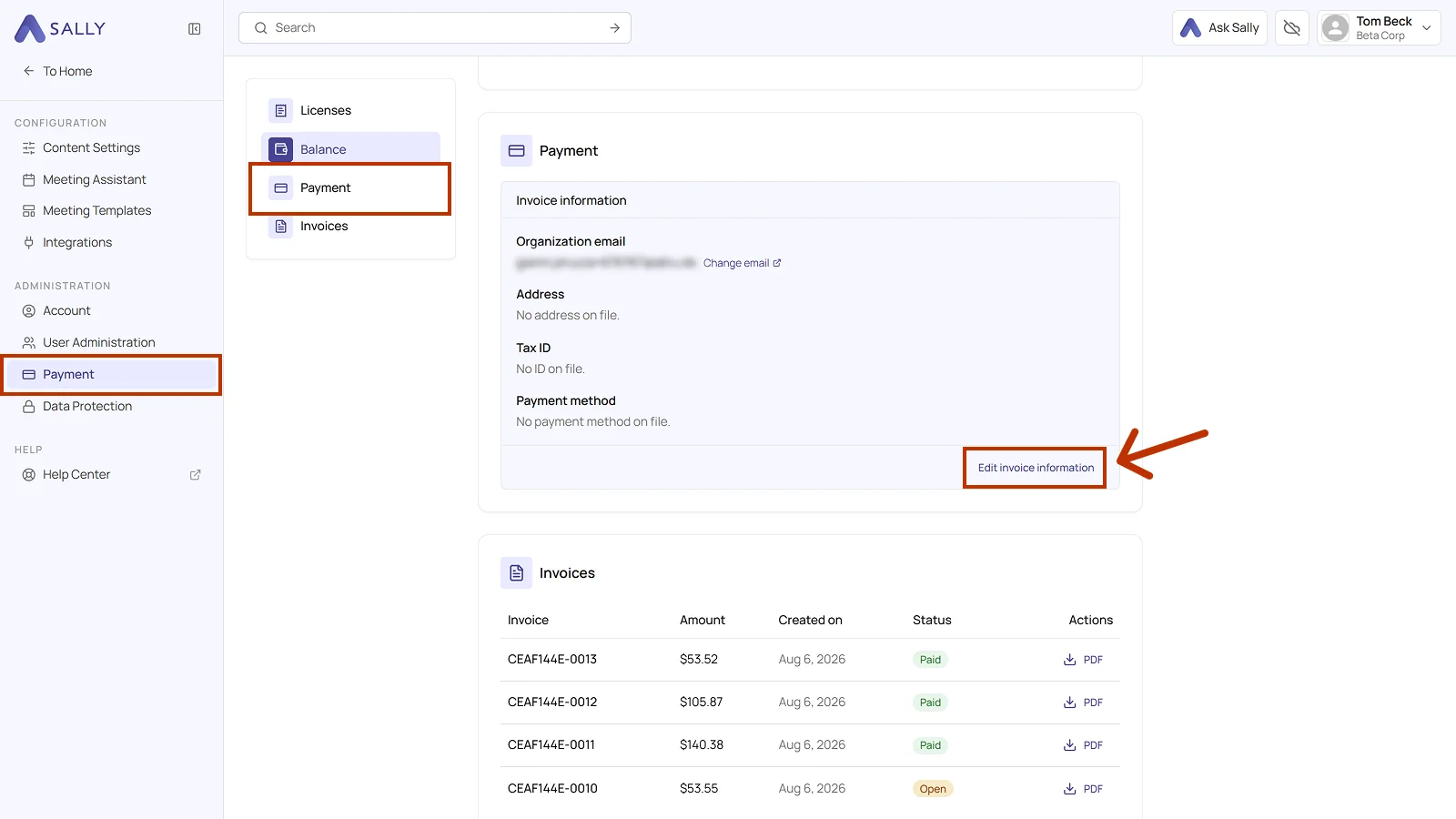 Payment section in the settings with the invoice information and the Edit invoice information button