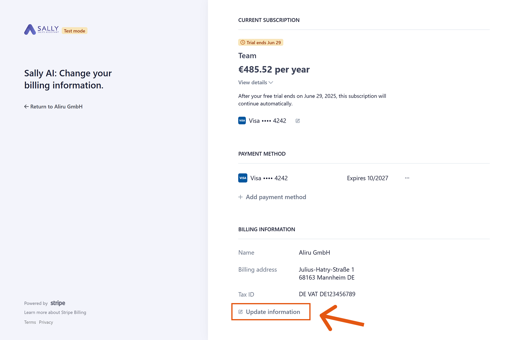 Invoice information page with Update information button highlighted