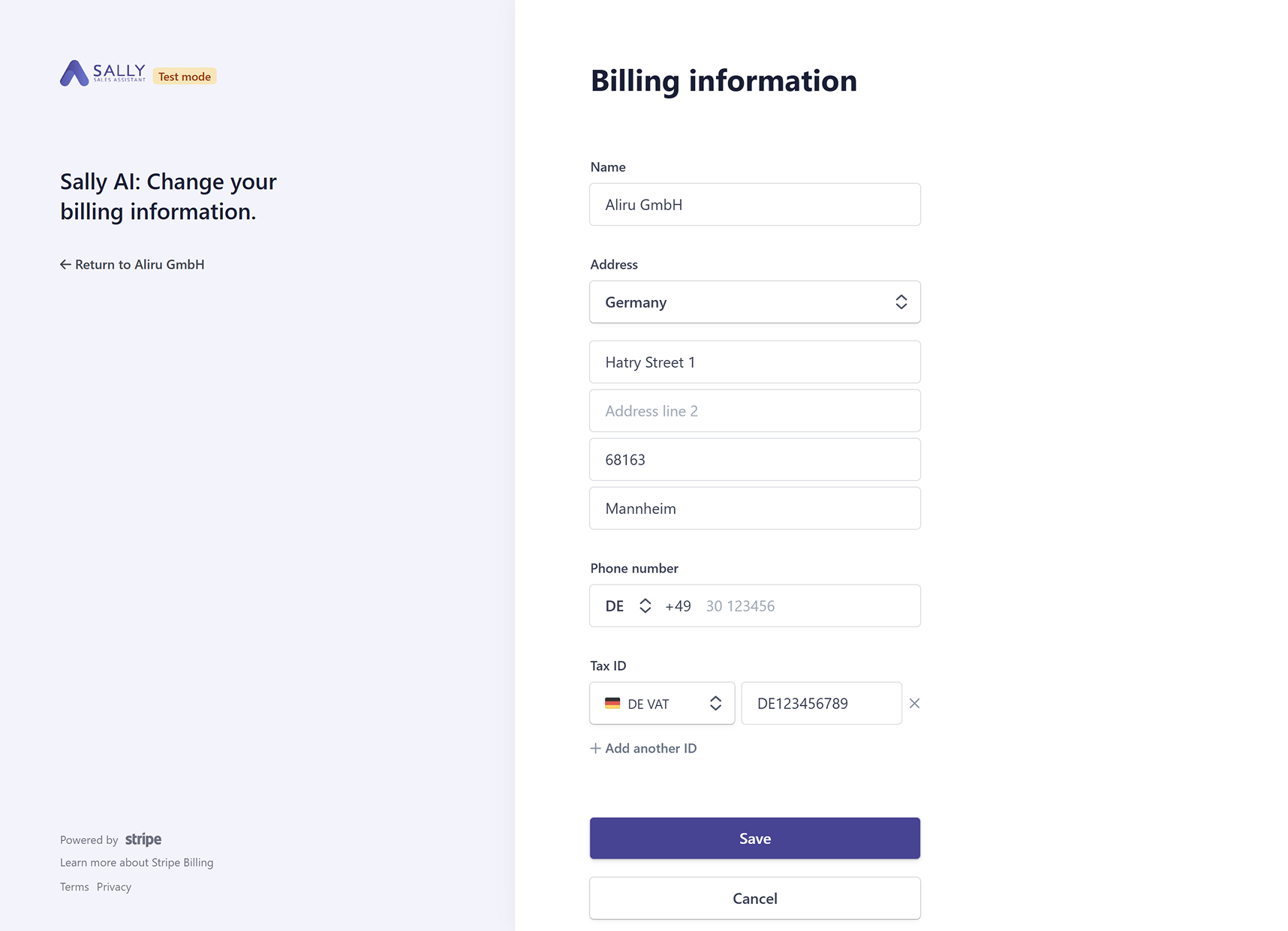 Billing information form with fields for name, address, and tax ID highlighted