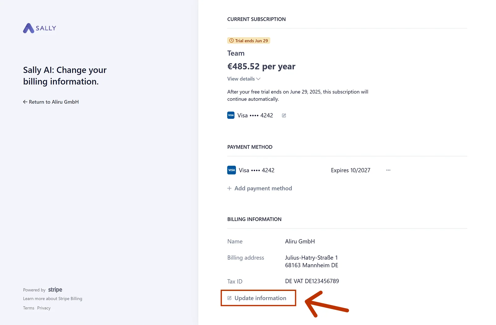 Stripe customer portal with the Billing information section and the Update information entry highlighted