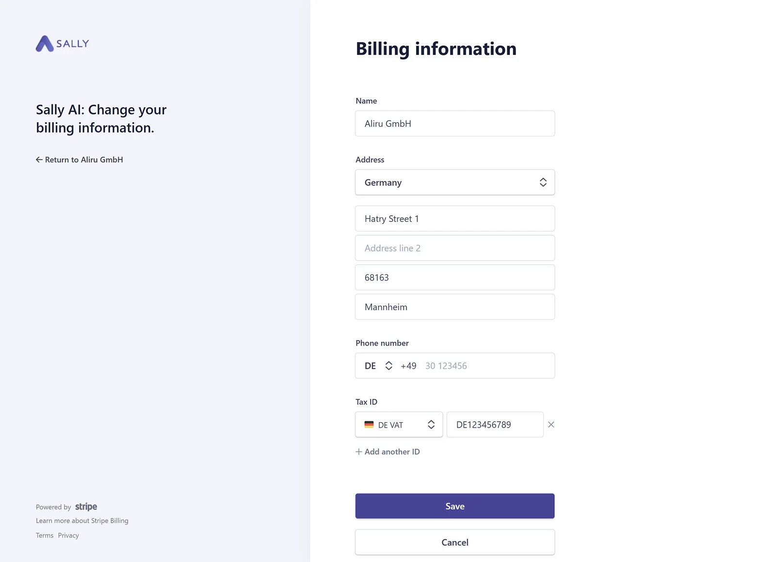 Billing information form with fields for name, address, phone number, and tax ID