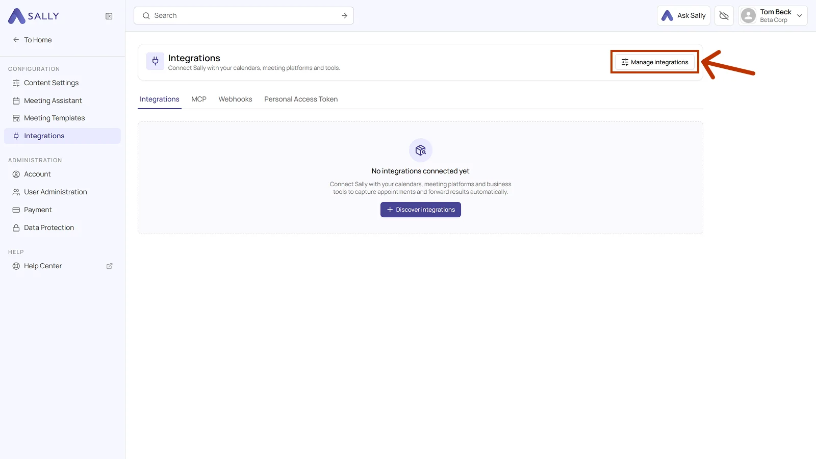 Integrations page with the Manage integrations button highlighted