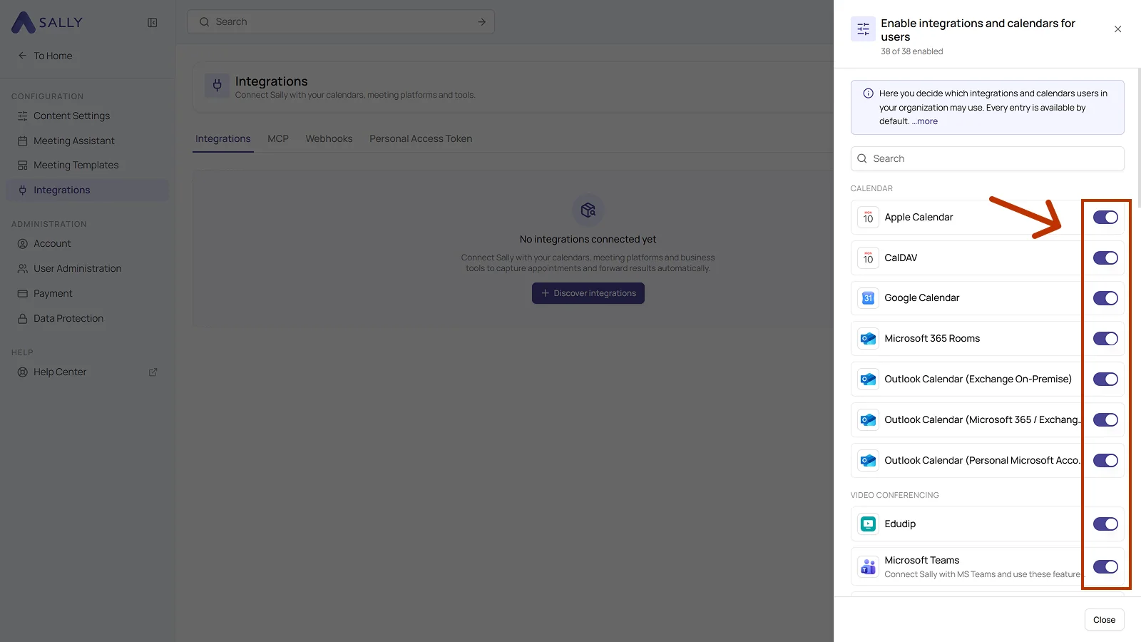Enable integrations and calendars for users panel with the Calendar category and a toggle for every integration
