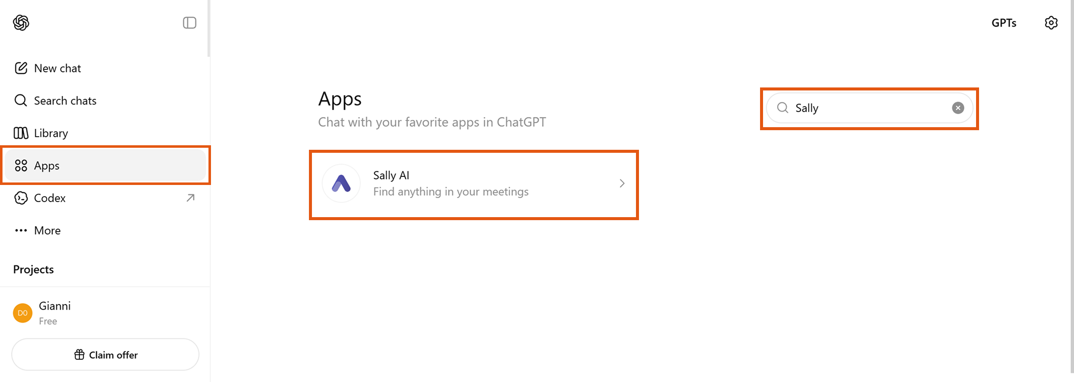 ChatGPT Apps page with Sally typed in the search field and the Sally AI tile shown in the results list
