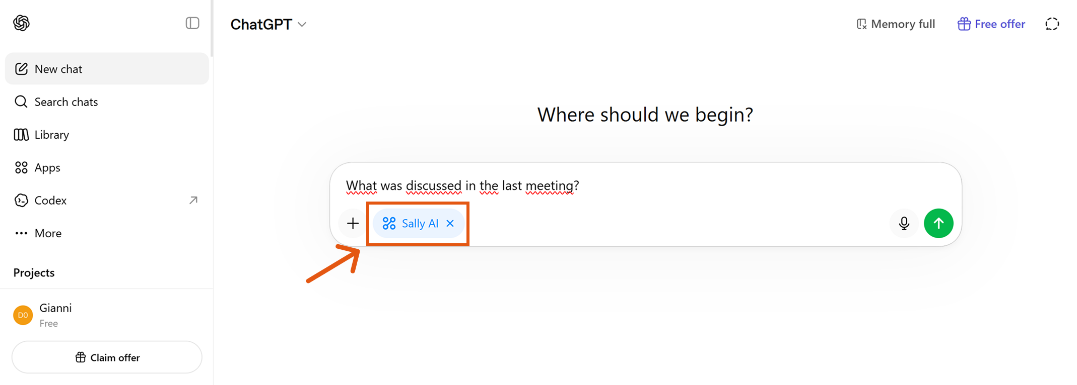 ChatGPT chat input field with the Sally AI app tag selected and a sample question about the last meeting
