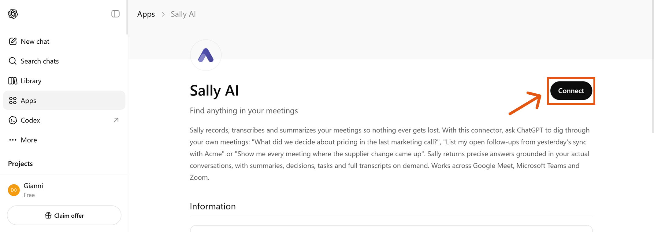 Sally AI app page in ChatGPT with the Connect button highlighted in the top right