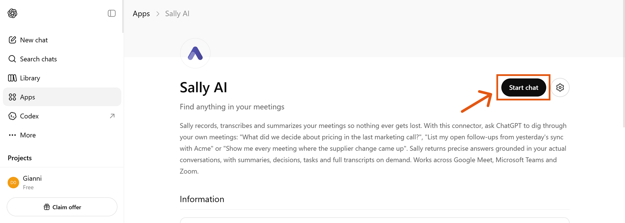 Sally AI app page in ChatGPT after a successful connection, with the Start chat button shown in the top right
