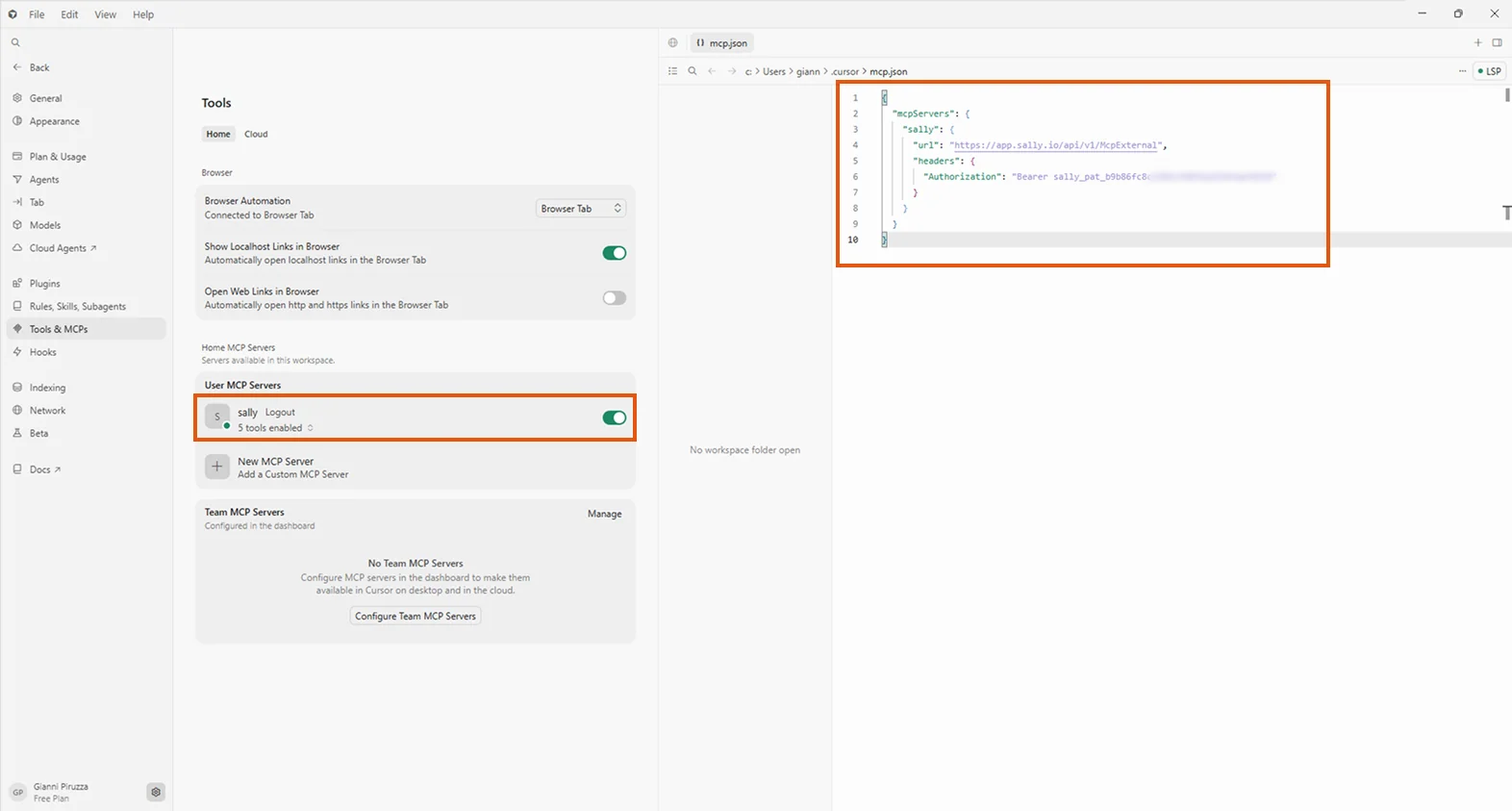 Cursor Settings showing the sally MCP server listed under User MCP Servers with 5 tools enabled, and the mcp.json config file visible on the right