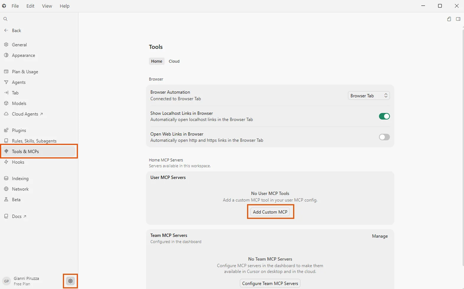 Cursor Settings showing the Tools & MCPs page with the Add Custom MCP button highlighted