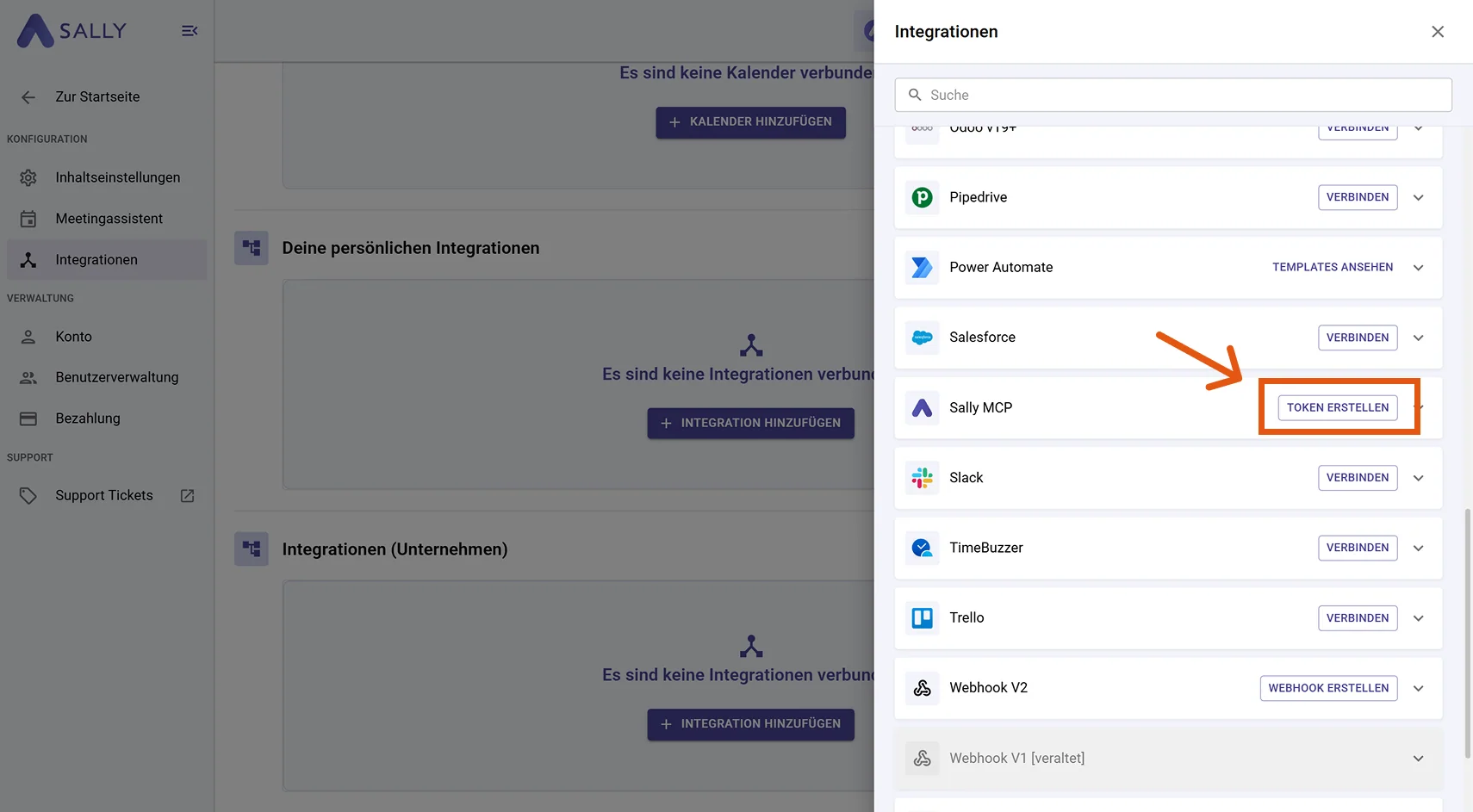 Integration drawer with Sally MCP entry and Create Token button highlighted