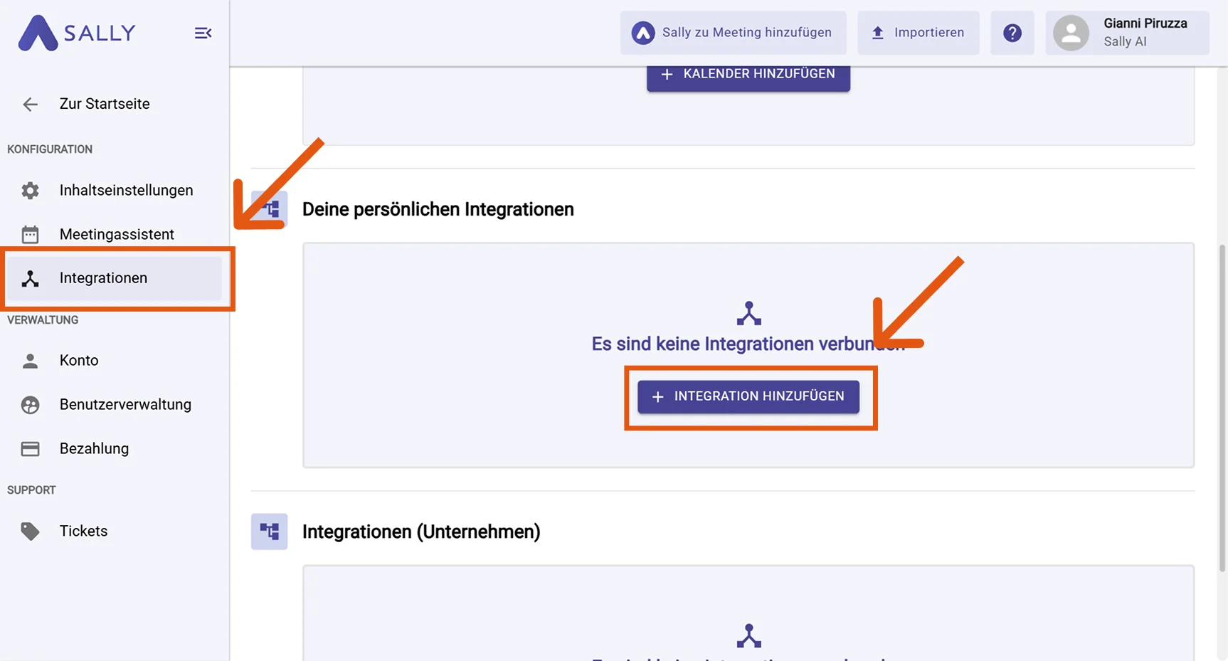 Sally sidebar with Integrations selected and the Add integration button highlighted