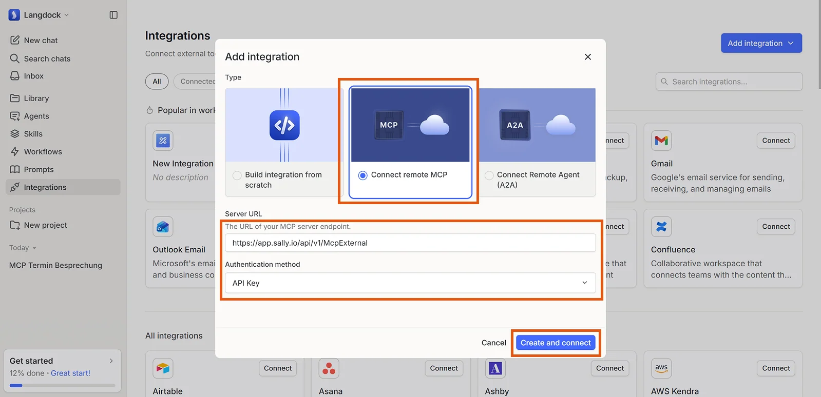Add integration dialog with Connect remote MCP selected as the type, the Server URL field filled with the Sally endpoint, and API Key chosen as the authentication method