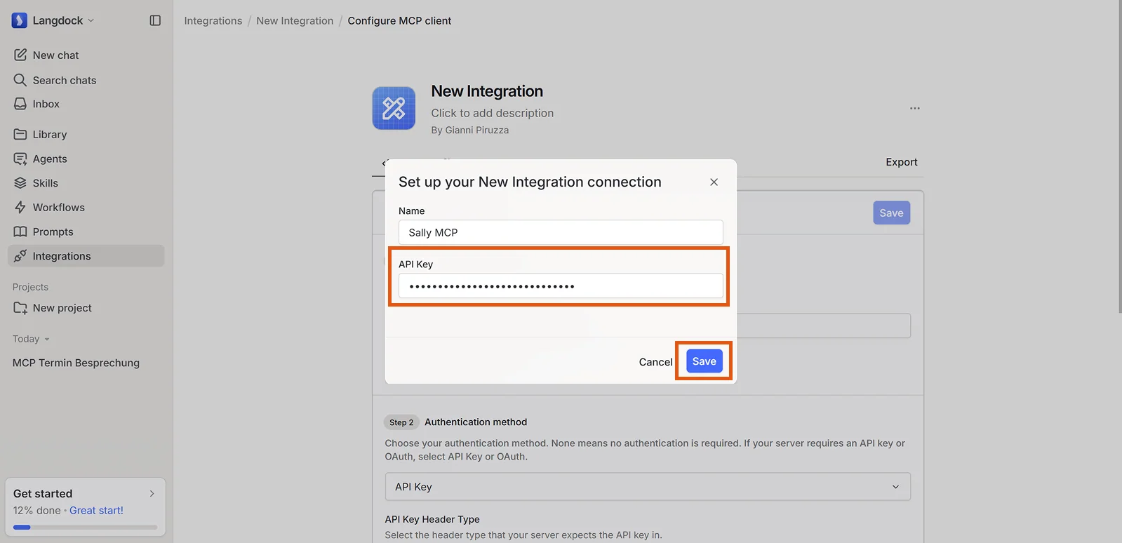 Set up your New Integration connection dialog with Name field showing Sally MCP and API Key field filled