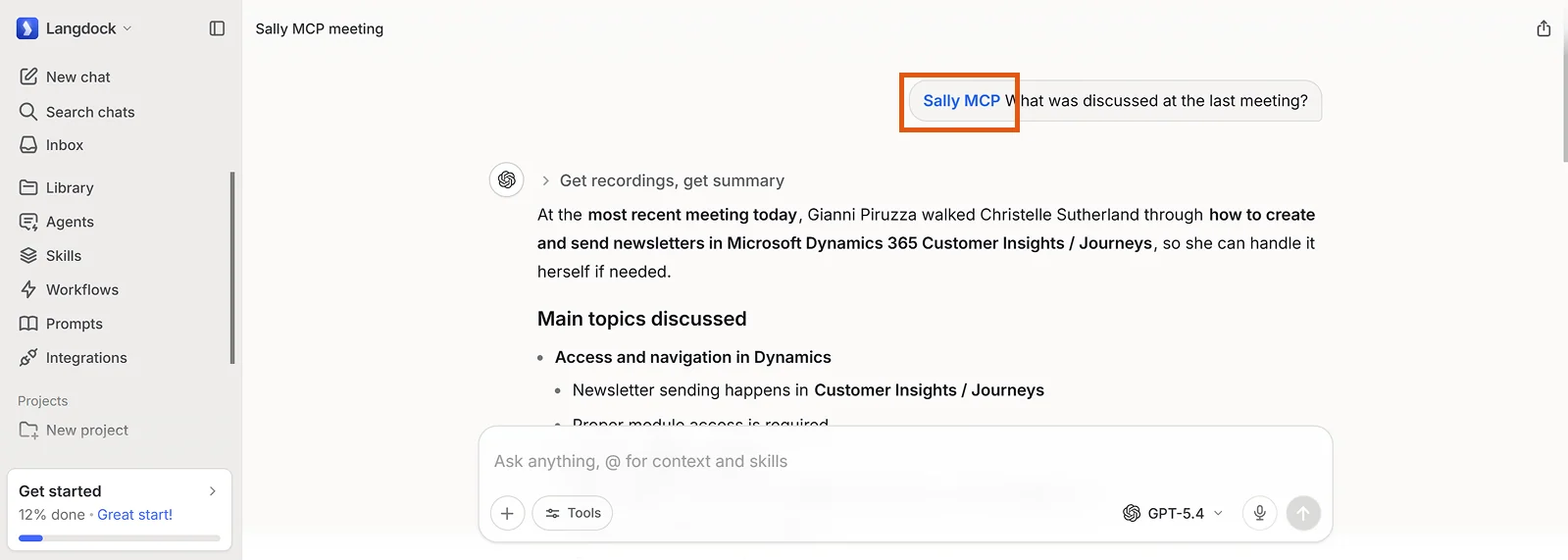 Langdock chat showing a query mentioning @Sally MCP, with the model calling Get recordings and Get summary tools to return a meeting summary