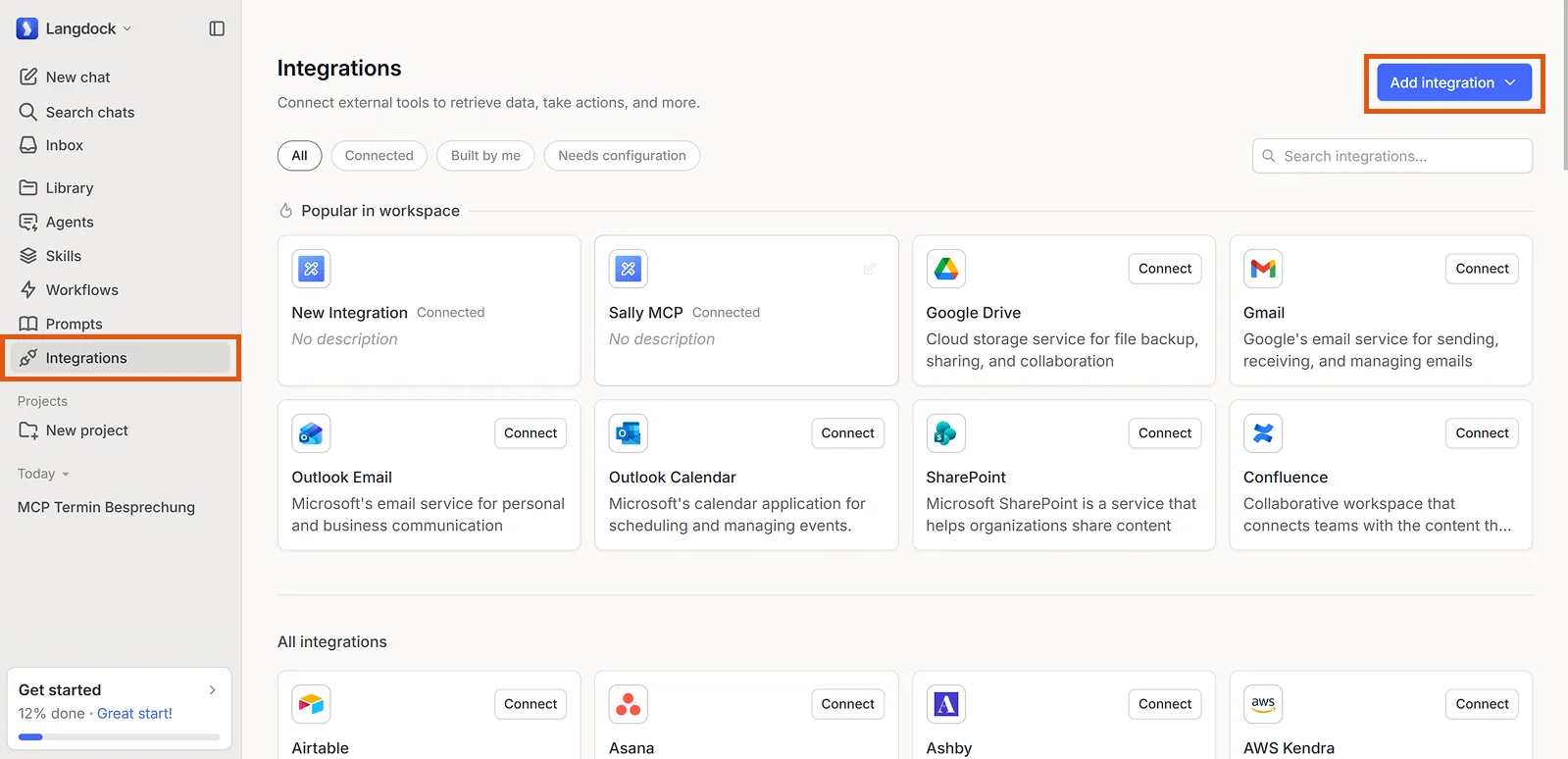 Langdock integrations page with Integrations highlighted in the sidebar and the Add integration button highlighted in the top right
