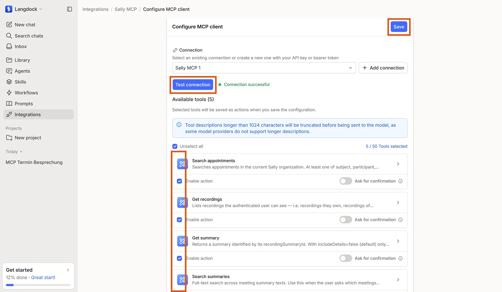 Configure MCP client page showing a successful connection test and the list of available Sally tools with Enable action ticked