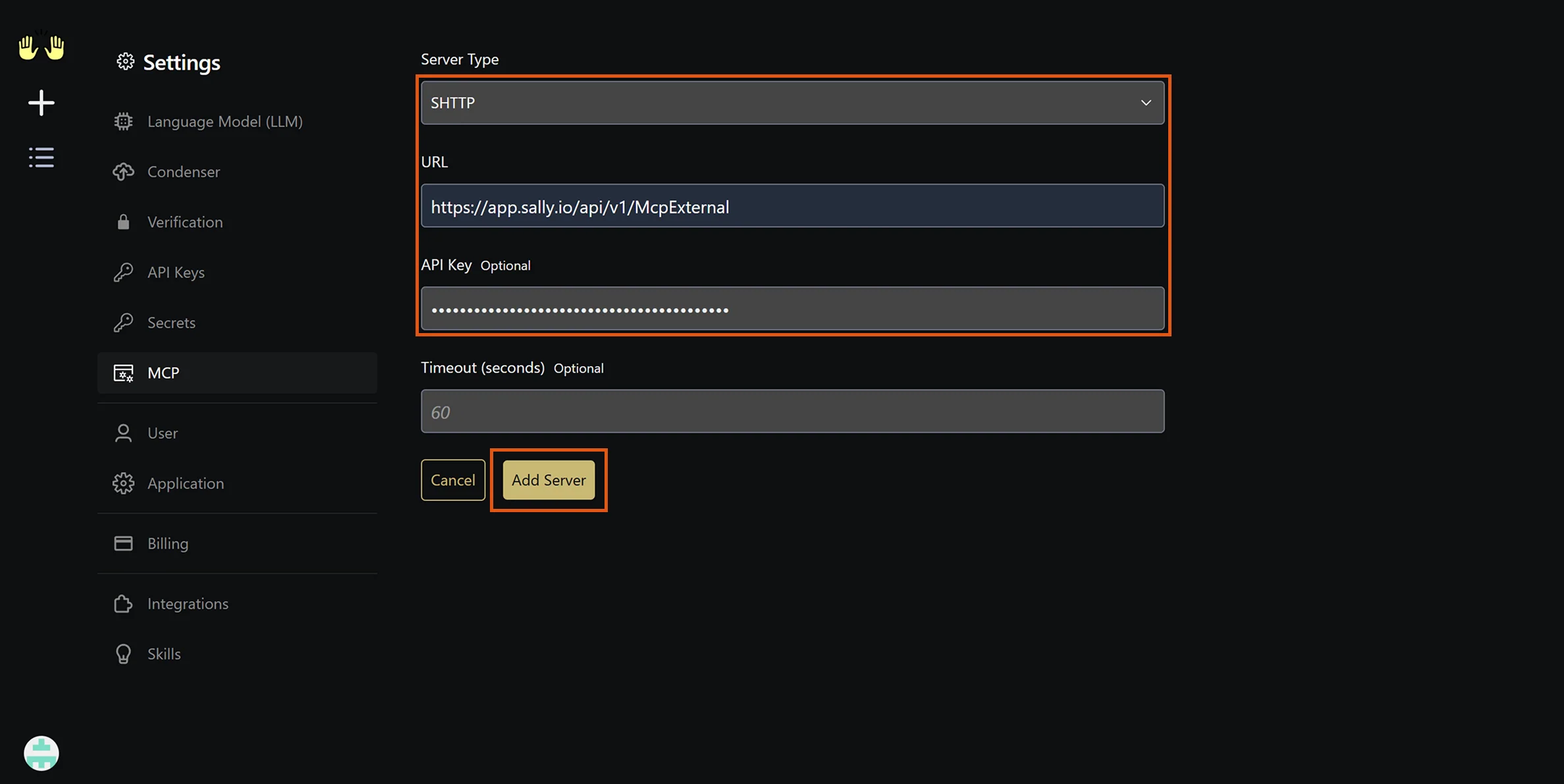 OpenHands MCP configuration form with Server Type set to SHTTP, the Sally URL entered, API Key filled in, and Timeout at 60